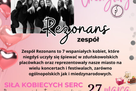 Plakat promocyjny z okazji drugiej rocznicy rezonansu, przedstawiający siedem uśmiechniętych kobiet, ze szczegółami dotyczącymi ich występów muzycznych i związanych z nimi działań.