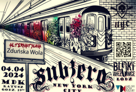 Plakat ilustracyjny przedstawiający kolorowy, pokryty graffiti pociąg metra na stacji, reklamujący wydarzenie „muzyka metra” w Zduńskiej Woli w dniu 4 kwietnia 2024 r., przedstawiający motyw Nowego Jorku.