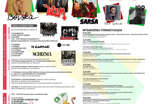 Plakat festiwalu Dni Zduńskiej Woli, 19-22 czerwca 2025 r., przedstawiający wykonawców muzycznych, harmonogram wydarzeń towarzyszących oraz loga sponsorów na kolorowym tle.
