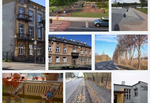 Kolaż scen miejskich i wiejskich, w tym budynki mieszkalne, plac zabaw, ścieżka nad rzeką, wiejska droga, świetlica, ścieżka rowerowa i budynek publiczny.