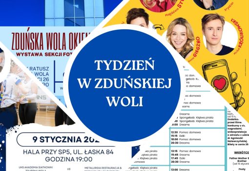 Kolaż plakatów z wydarzeniami z centralnym niebieskim okręgiem z napisem "Tydzień w Zduńskiej Woli" w białym tekście, otoczony różnymi datami, godzinami i twarzami.